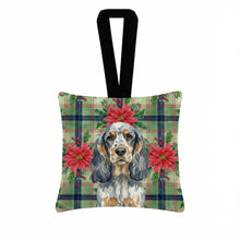 Load image into Gallery viewer, Blue Roan &amp; Tan English Cocker Spaniel Christmas PoinsettIas Hanging Square Fabric Ornament 3.5 x 3.5