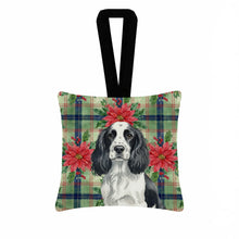 Load image into Gallery viewer, Black and White English Springer Spaniel Christmas PoinsettIas Hanging Square Fabric Ornament 3.5 x 3.5