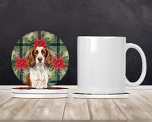 Load image into Gallery viewer, Liver and White English Springer Spaniel Christmas PoinsettIas Large Sandstone Coasters Pack of 4