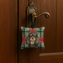 Load image into Gallery viewer, Black and Tan English Toy Spaniel Christmas PoinsettIas Hanging Square Fabric Ornament 3.5 x 3.5
