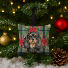 Load image into Gallery viewer, Black and Tan English Toy Spaniel Christmas PoinsettIas Hanging Square Fabric Ornament 3.5 x 3.5