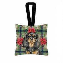 Load image into Gallery viewer, Black and Tan English Toy Spaniel Christmas PoinsettIas Hanging Square Fabric Ornament 3.5 x 3.5