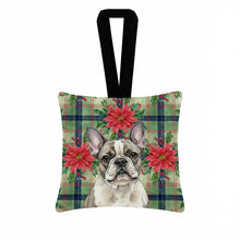 Load image into Gallery viewer, Pied French Bulldog Christmas PoinsettIas Hanging Square Fabric Ornament 3.5 x 3.5