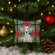 Load image into Gallery viewer, White Greyhound Christmas PoinsettIas Hanging Square Fabric Ornament 3.5 x 3.5