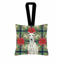 Load image into Gallery viewer, White Greyhound Christmas PoinsettIas Hanging Square Fabric Ornament 3.5 x 3.5