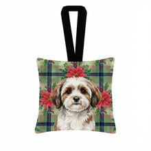 Load image into Gallery viewer, Parti-color Havanese Christmas PoinsettIas Hanging Square Fabric Ornament 3.5 x 3.5