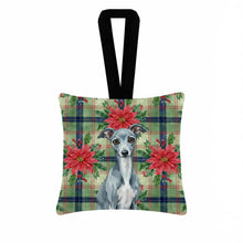 Load image into Gallery viewer, Blue Italian Greyhound Christmas PoinsettIas Hanging Square Fabric Ornament 3.5 x 3.5
