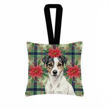 Load image into Gallery viewer, White and Black Jack Russell Terrier Christmas PoinsettIas Hanging Square Fabric Ornament 3.5 x 3.5