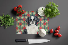 Load image into Gallery viewer, Black and White Japanese Chin Christmas PoinsettIas Glass Cutting Board