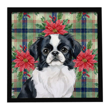 Load image into Gallery viewer, Black and White Japanese Chin Christmas PoinsettIas Framed Metal Print