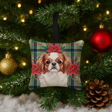 Load image into Gallery viewer, Red and White Japanese Chin Christmas PoinsettIas Hanging Square Fabric Ornament 3.5 x 3.5