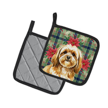 Load image into Gallery viewer, Gold Lhasa Apso Christmas PoinsettIas Pair of Pot Holders