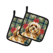 Load image into Gallery viewer, Gold Lhasa Apso Christmas PoinsettIas Pair of Pot Holders