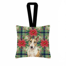 Load image into Gallery viewer, Tricolor Miniature Bull Terrier Christmas PoinsettIas Hanging Square Fabric Ornament 3.5 x 3.5