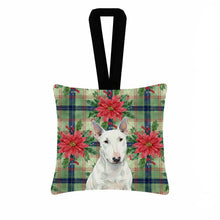 Load image into Gallery viewer, White Miniature Bull Terrier Christmas PoinsettIas Hanging Square Fabric Ornament 3.5 x 3.5