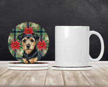 Load image into Gallery viewer, Black and Tan Norfolk Terrier Christmas PoinsettIas Large Sandstone Coasters Pack of 4