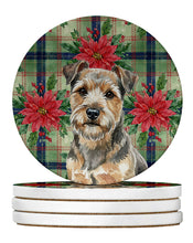 Load image into Gallery viewer, Grizzle and Tan Norfolk Terrier Christmas PoinsettIas Large Sandstone Coasters Pack of 4