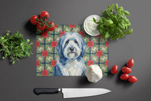 Load image into Gallery viewer, Blue and White Old English Sheepdog Christmas PoinsettIas Glass Cutting Board
