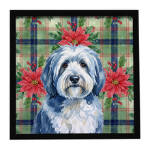 Load image into Gallery viewer, Blue and White Old English Sheepdog Christmas PoinsettIas Framed Metal Print