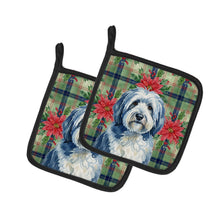 Load image into Gallery viewer, Blue and White Old English Sheepdog Christmas PoinsettIas Pair of Pot Holders
