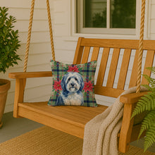 Load image into Gallery viewer, Blue and White Old English Sheepdog Christmas PoinsettIas Throw Pillow