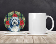 Load image into Gallery viewer, Blue and White Old English Sheepdog Christmas PoinsettIas Large Sandstone Coasters Pack of 4