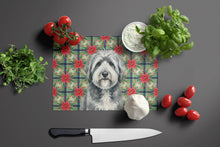 Load image into Gallery viewer, Gray and White Old English Sheepdog Christmas PoinsettIas Glass Cutting Board
