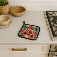 Load image into Gallery viewer, Red Pekingese Christmas PoinsettIas Pair of Pot Holders