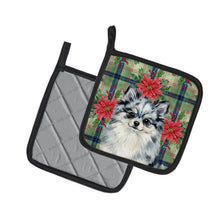 Load image into Gallery viewer, Blue Merle Pomeranian Christmas PoinsettIas Pair of Pot Holders