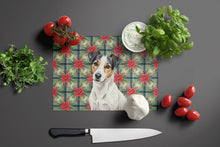 Load image into Gallery viewer, White with Black Markings Russell Terrier Christmas PoinsettIas Glass Cutting Board