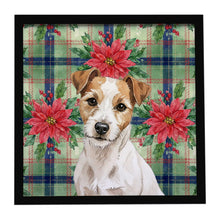 Load image into Gallery viewer, White with Tan Markings Russell Terrier Christmas PoinsettIas Framed Metal Print