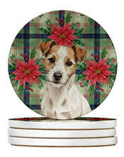Load image into Gallery viewer, White with Tan Markings Russell Terrier Christmas PoinsettIas Large Sandstone Coasters Pack of 4