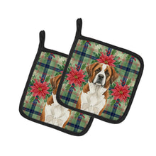 Load image into Gallery viewer, Brown and White Saint Bernard Christmas PoinsettIas Pair of Pot Holders