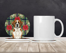 Load image into Gallery viewer, Brown and White Saint Bernard Christmas PoinsettIas Large Sandstone Coasters Pack of 4