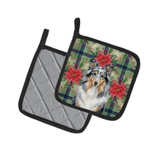 Load image into Gallery viewer, Blue Merle Sheltie Christmas PoinsettIas Pair of Pot Holders
