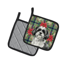 Load image into Gallery viewer, Black and White Shih Tzu Christmas PoinsettIas Pair of Pot Holders
