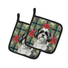 Load image into Gallery viewer, Black and White Shih Tzu Christmas PoinsettIas Pair of Pot Holders