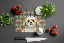 Load image into Gallery viewer, Gold and White Shih Tzu Christmas PoinsettIas Glass Cutting Board