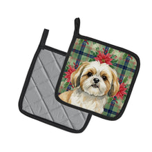 Load image into Gallery viewer, Gold and White Shih Tzu Christmas PoinsettIas Pair of Pot Holders
