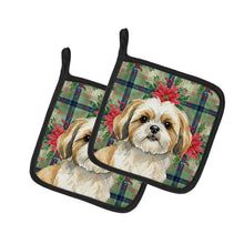Load image into Gallery viewer, Gold and White Shih Tzu Christmas PoinsettIas Pair of Pot Holders