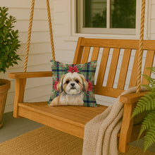 Load image into Gallery viewer, Gold and White Shih Tzu Christmas PoinsettIas Throw Pillow