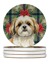 Load image into Gallery viewer, Gold and White Shih Tzu Christmas PoinsettIas Large Sandstone Coasters Pack of 4
