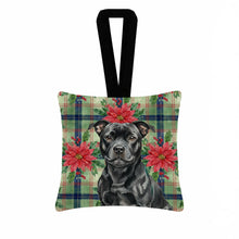 Load image into Gallery viewer, Black Staffordshire Bull Terrier Christmas PoinsettIas Hanging Square Fabric Ornament 3.5 x 3.5