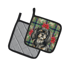 Load image into Gallery viewer, Black and Tan Tibetan Spaniel Christmas PoinsettIas Pair of Pot Holders