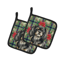 Load image into Gallery viewer, Black and Tan Tibetan Spaniel Christmas PoinsettIas Pair of Pot Holders
