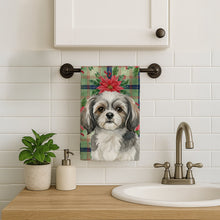 Load image into Gallery viewer, Grey and White Tibetan Spaniel Christmas PoinsettIas Kitchen Towel