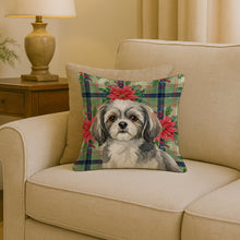 Load image into Gallery viewer, Grey and White Tibetan Spaniel Christmas PoinsettIas Throw Pillow