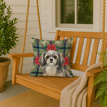 Load image into Gallery viewer, Grey and White Tibetan Spaniel Christmas PoinsettIas Throw Pillow