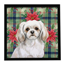 Load image into Gallery viewer, White Tibetan Spaniel Christmas PoinsettIas Framed Metal Print
