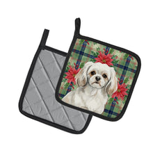 Load image into Gallery viewer, White Tibetan Spaniel Christmas PoinsettIas Pair of Pot Holders